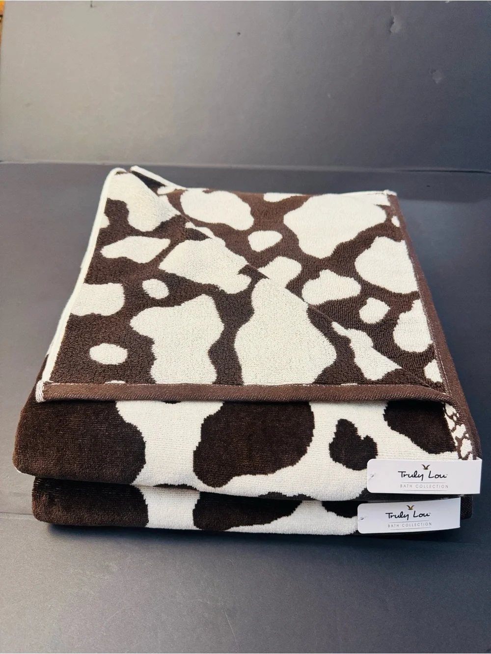 4pc TRULY LOU Bath Towel Set - Cotton Velour - Cow Print - Hot Fudge-Br/OffWhite